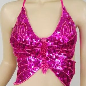 Hot pink & Royal purple sequins butterfly rave top
